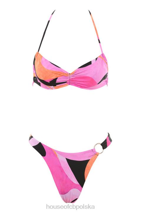House of CB Różowe Czarne Bikini Wiązane na Szyi Modny Styl