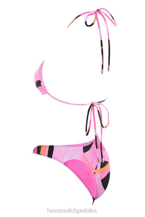 House of CB Różowe Czarne Bikini Wiązane na Szyi Modny Styl