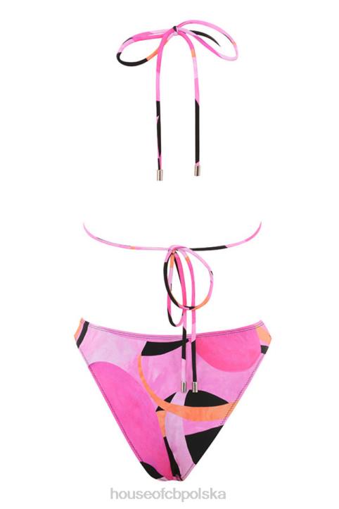House of CB Różowe Czarne Bikini Wiązane na Szyi Modny Styl