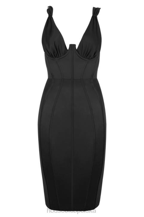 House of CB Czarna Satynowa Gorsetowa Sukienka Elegancka