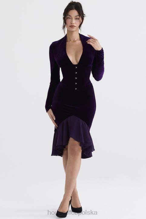 House of CB Ciemnofioletowa Aksamitna Gorsetowa Sukienka Elegancka 4PND327