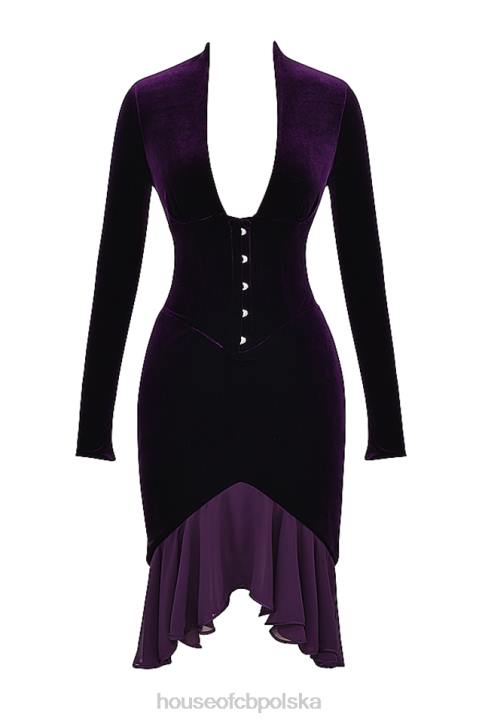House of CB Ciemnofioletowa Aksamitna Gorsetowa Sukienka Elegancka 4PND327