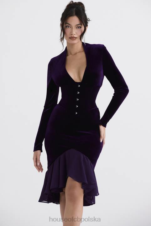 House of CB Ciemnofioletowa Aksamitna Gorsetowa Sukienka Elegancka 4PND327