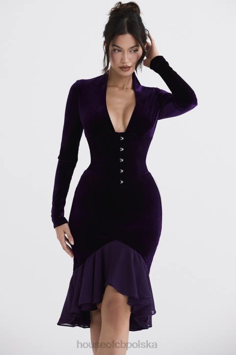 House of CB Ciemnofioletowa Aksamitna Gorsetowa Sukienka Elegancka 4PND327