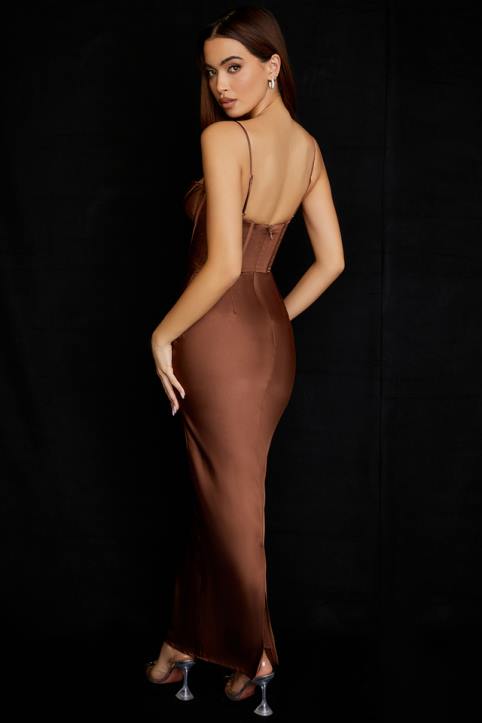 House of CB Czekoladowa Gorsetowa Sukienka Maxi 4PND514 Modna Odzież