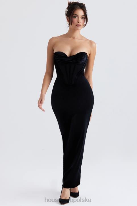 House of CB Czarna Aksamitna Maxi Sukienka Gorsetowa Thalia