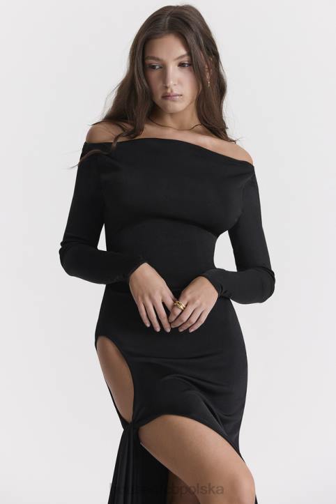 House of CB Czarna Sukienka Maxi Wycięciem Marella Modna Odzież Damska