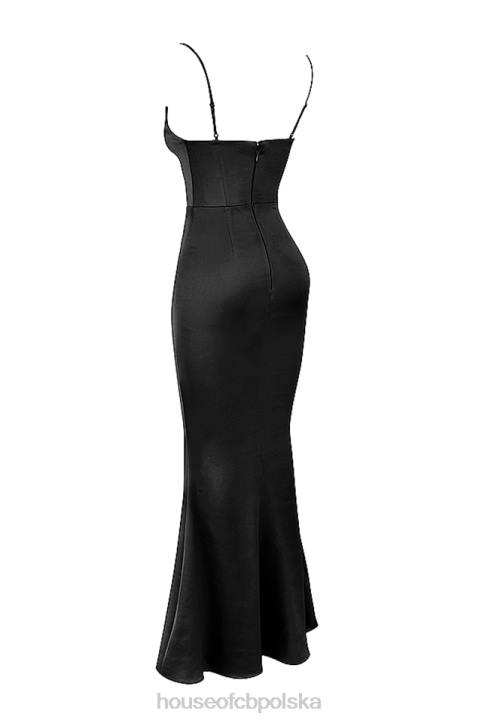House of CB Oliwkowa czarna satynowa maxi sukienka gorsetowa stylowa elegancja
