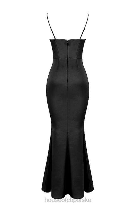 House of CB Oliwkowa czarna satynowa maxi sukienka gorsetowa stylowa elegancja