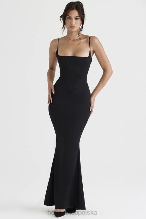 House of CB Oliwkowa czarna satynowa maxi sukienka gorsetowa stylowa elegancja