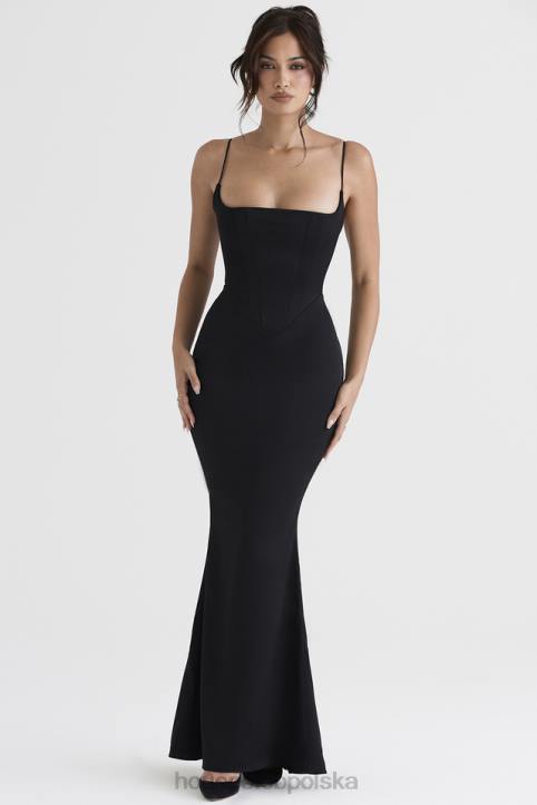 House of CB Oliwkowa czarna satynowa maxi sukienka gorsetowa stylowa elegancja