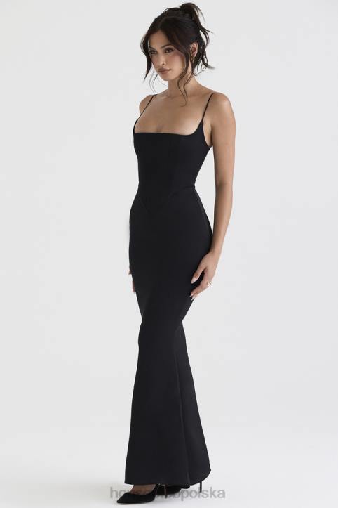 House of CB Oliwkowa czarna satynowa maxi sukienka gorsetowa stylowa elegancja