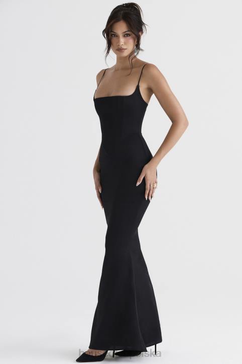 House of CB Oliwkowa czarna satynowa maxi sukienka gorsetowa stylowa elegancja