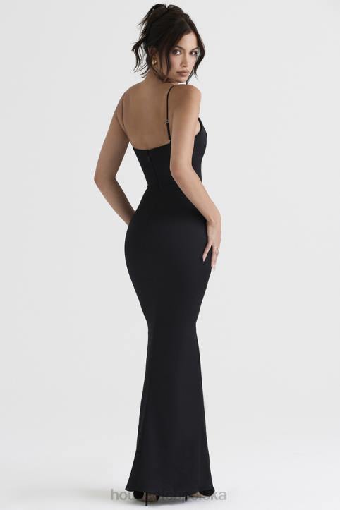 House of CB Oliwkowa czarna satynowa maxi sukienka gorsetowa stylowa elegancja
