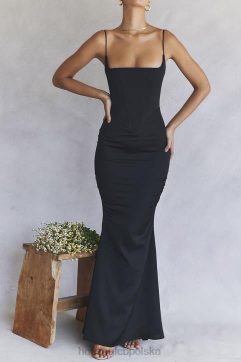 House of CB Oliwkowa czarna satynowa maxi sukienka gorsetowa stylowa elegancja