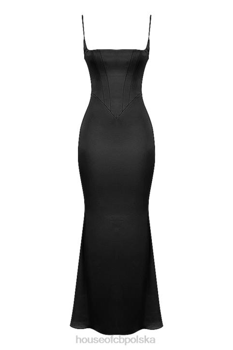 House of CB Oliwkowa czarna satynowa maxi sukienka gorsetowa stylowa elegancja