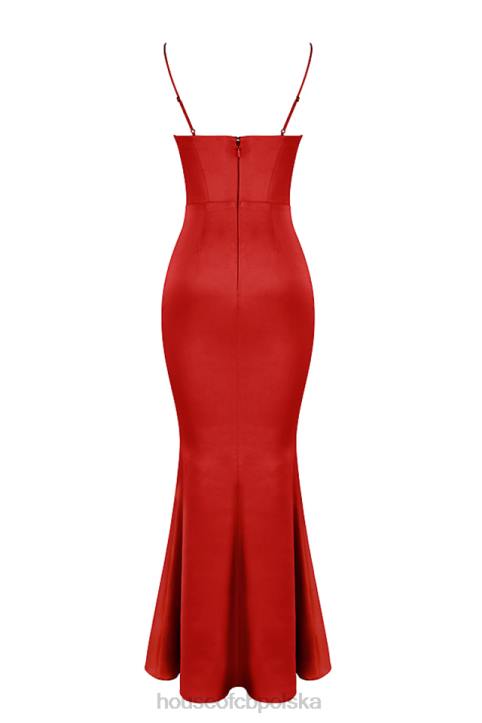 House of CB Maxi Sukienka Oliwkowa z Satynowym Gorsetem Czerwona Róża