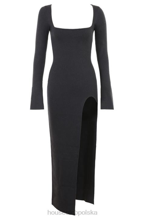 House of CB Elegancka Sukienka Maxi Kaszmirowa Węgiel Drzewny