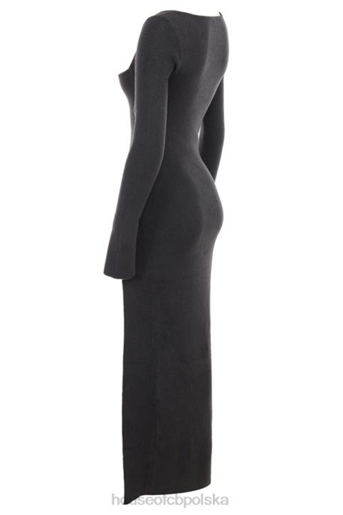 House of CB Elegancka Sukienka Maxi Kaszmirowa Węgiel Drzewny