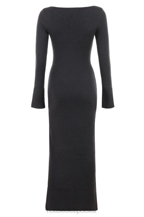 House of CB Elegancka Sukienka Maxi Kaszmirowa Węgiel Drzewny