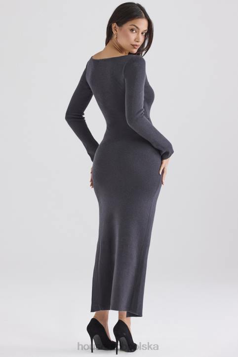 House of CB Elegancka Sukienka Maxi Kaszmirowa Węgiel Drzewny