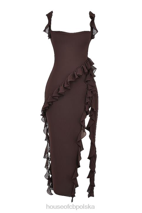 House of CB Maxi Sukienka Falbana Espresso Stylowa Moda