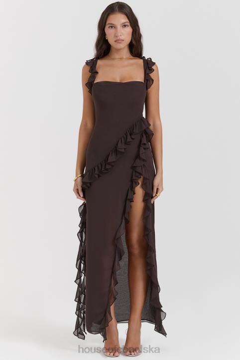 House of CB Maxi Sukienka Falbana Espresso Stylowa Moda