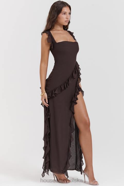 House of CB Maxi Sukienka Falbana Espresso Stylowa Moda