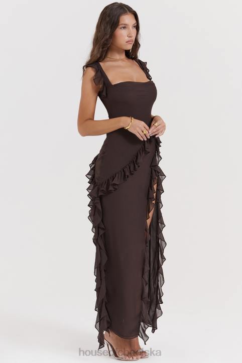 House of CB Maxi Sukienka Falbana Espresso Stylowa Moda