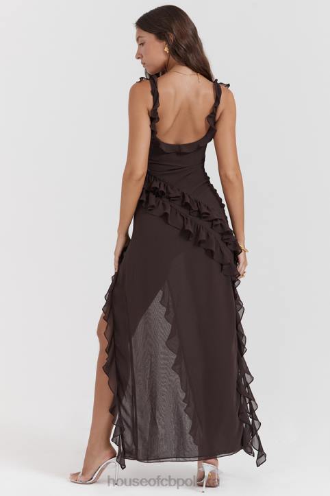 House of CB Maxi Sukienka Falbana Espresso Stylowa Moda