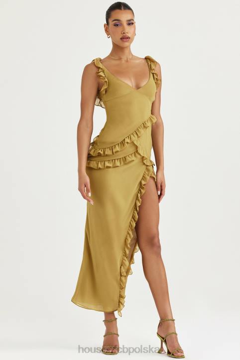 House of CB Maxi Sukienka Oliwkowa z Falbaną Modny Styl