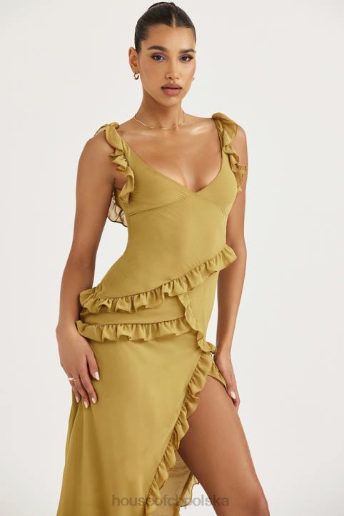 House of CB Maxi Sukienka Oliwkowa z Falbaną Modny Styl