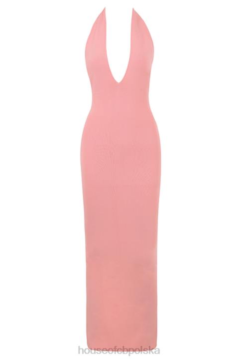 House of CB Sukienka maxi Camelia morelowa z głębokim dekoltem