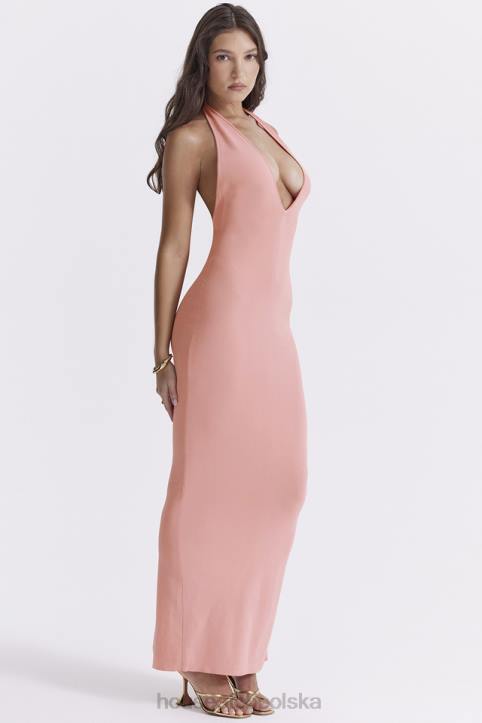 House of CB Sukienka maxi Camelia morelowa z głębokim dekoltem