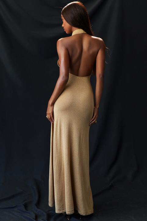House of CB Złota Sukienka Maxi Selia Dzianina Trendy Elegancka