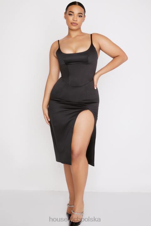 House of CB Casimira czarna satynowa sukienka midi gorsetowa elegancka moda