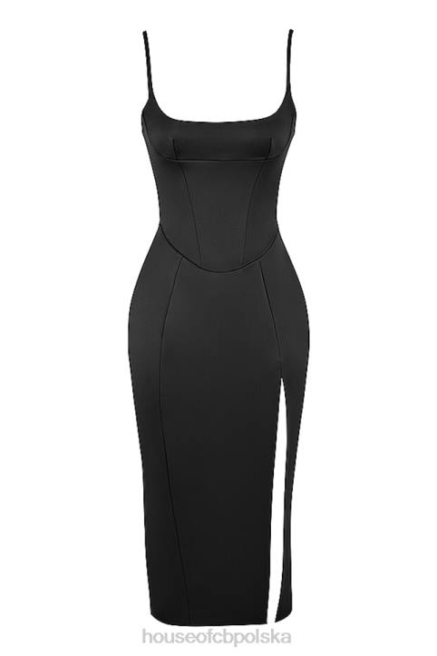 House of CB Casimira czarna satynowa sukienka midi gorsetowa elegancka moda