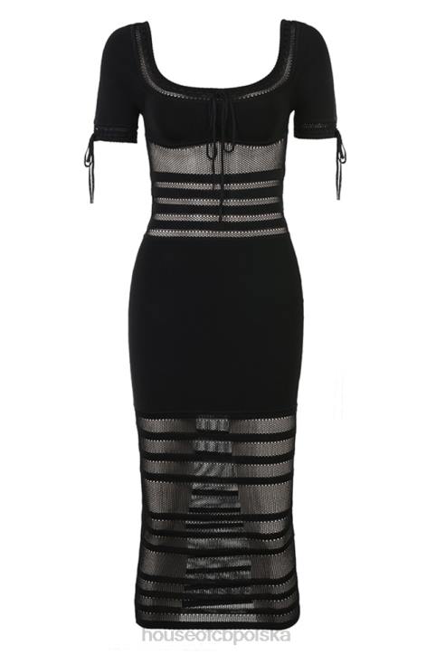 House of CB Czarna Midi Sukienka Ażurowa Lilla Stylowa Moda