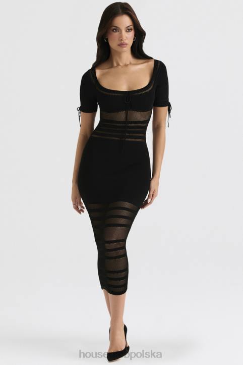 House of CB Czarna Midi Sukienka Ażurowa Lilla Stylowa Moda