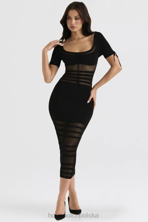 House of CB Czarna Midi Sukienka Ażurowa Lilla Stylowa Moda