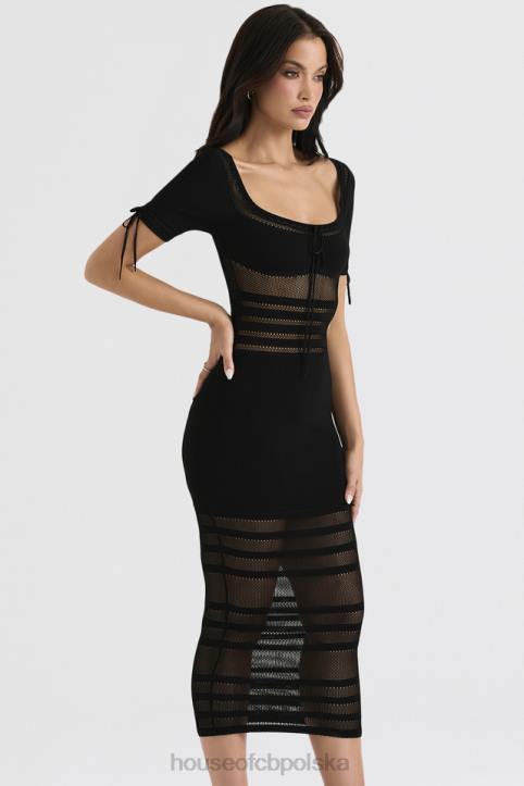 House of CB Czarna Midi Sukienka Ażurowa Lilla Stylowa Moda