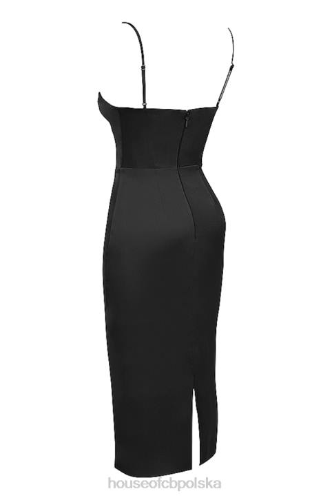 House of CB Czarna Satynowa Gorsetowa Sukienka Midi Elegancja