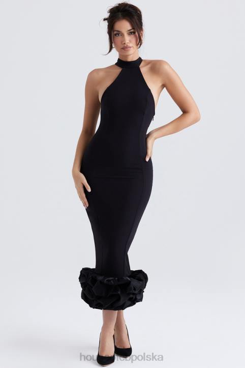 House of CB Czarna Midi Sukienka Peplum Jałowiec Stylowa Moda