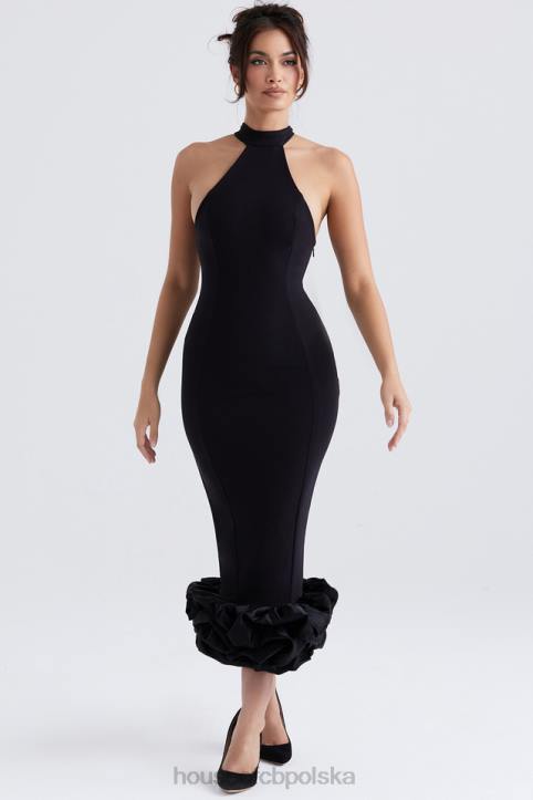 House of CB Czarna Midi Sukienka Peplum Jałowiec Stylowa Moda