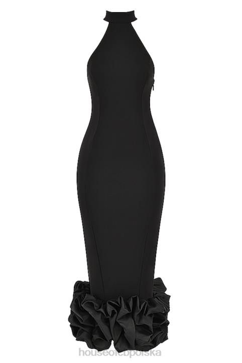 House of CB Czarna Midi Sukienka Peplum Jałowiec Stylowa Moda