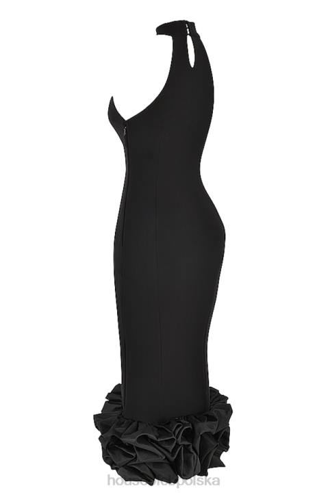 House of CB Czarna Midi Sukienka Peplum Jałowiec Stylowa Moda