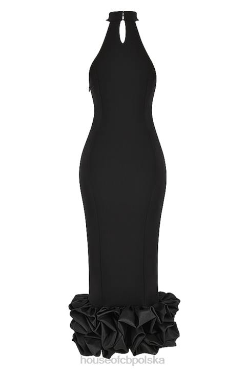 House of CB Czarna Midi Sukienka Peplum Jałowiec Stylowa Moda