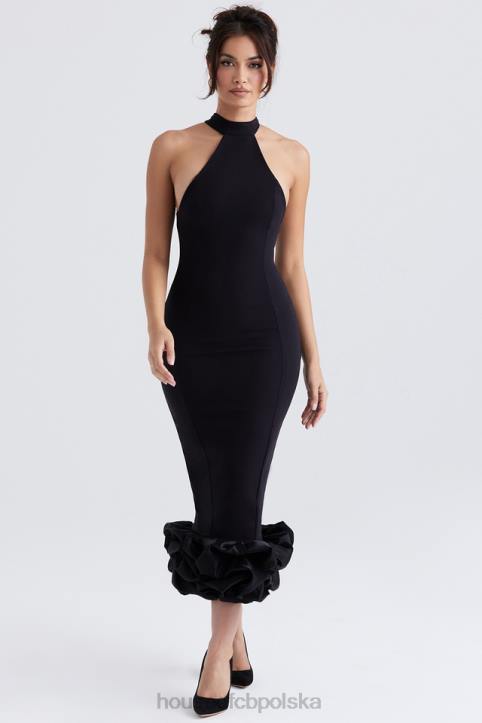 House of CB Czarna Midi Sukienka Peplum Jałowiec Stylowa Moda