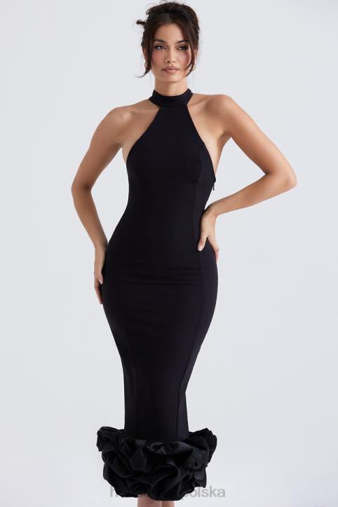 House of CB Czarna Midi Sukienka Peplum Jałowiec Stylowa Moda