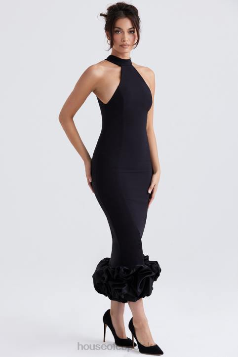 House of CB Czarna Midi Sukienka Peplum Jałowiec Stylowa Moda